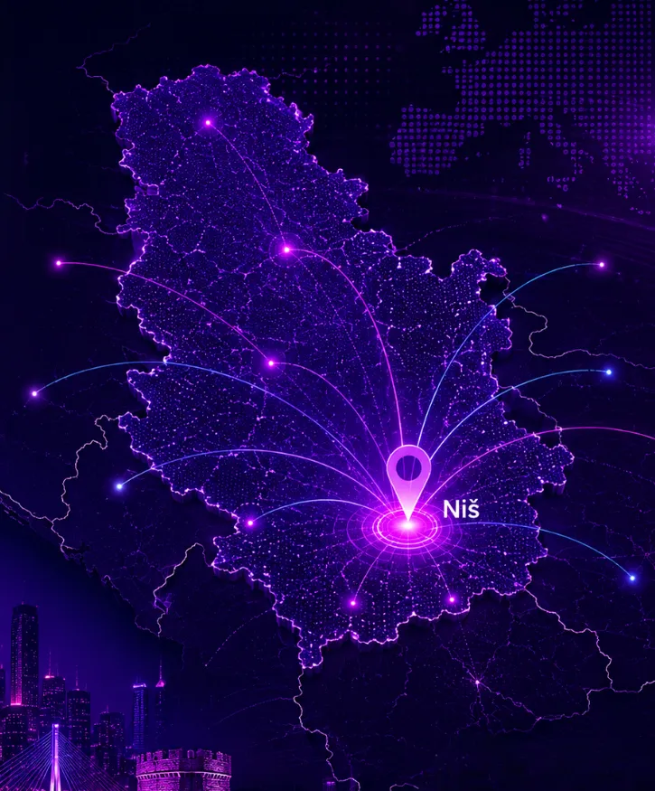 Mapa Srbije sa povezanim gradovima i Ni&scaron;em kao centralnom tačkom Click Conference 2026